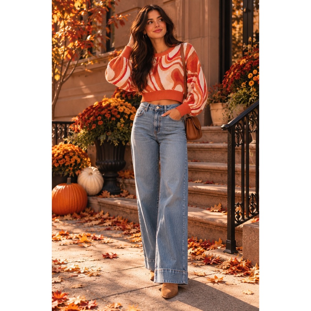 Altar'd State Retro Swirl Cropped Sweater Orange Red Cream Size L
